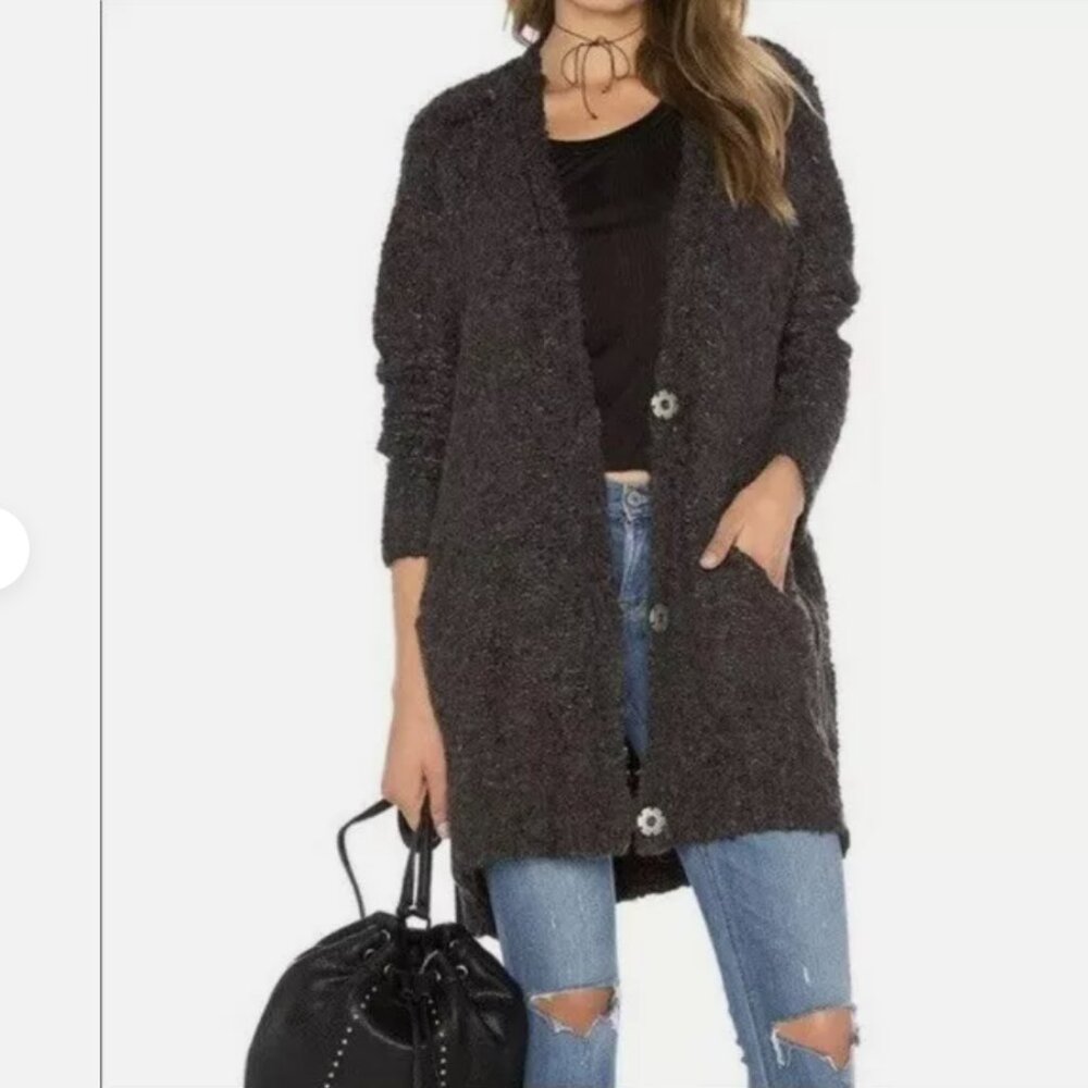 Free People Charcoal Fuzzy Button-Up Cardigan